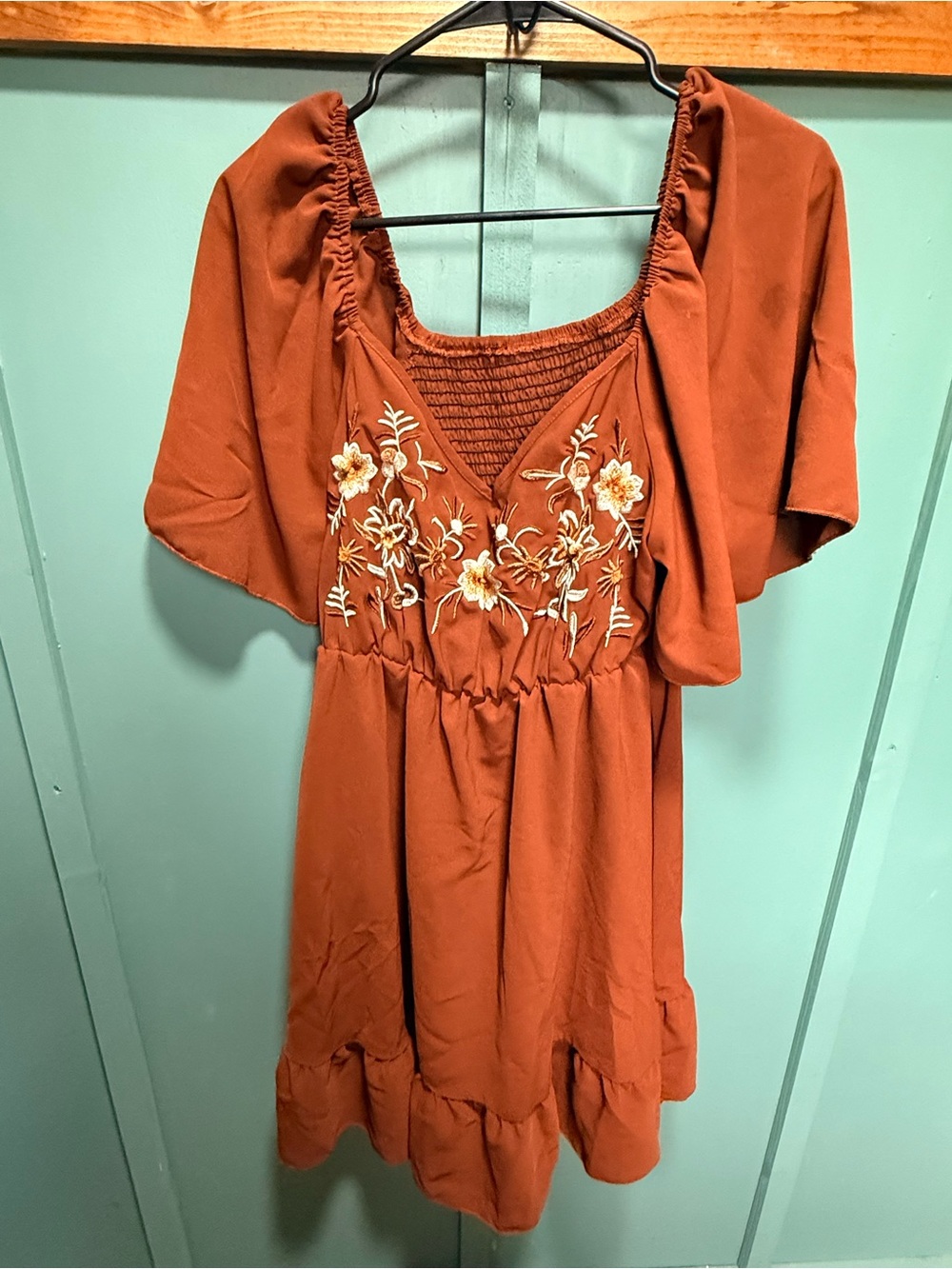 SHEIN Rust Orange Embroidered Midi Dress